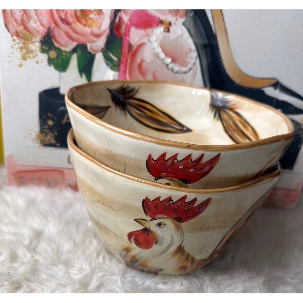 Tabletops Gallery Romalo Rooster Ceramic Bowls Set of 2 Hand Painted Farmhouse